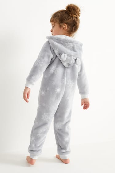 Kinderen: meisjes - Sneeuwvlokken - onesie van fleece, met capuchon - grijs