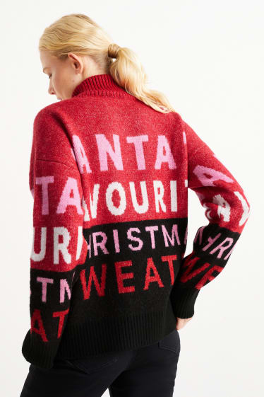 Femmes - Pull à col roulé de Noël - Santa - noir / rouge