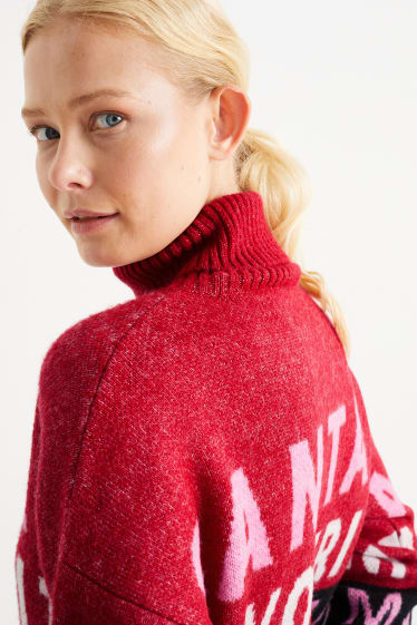 Femmes - Pull à col roulé de Noël - Santa - noir / rouge