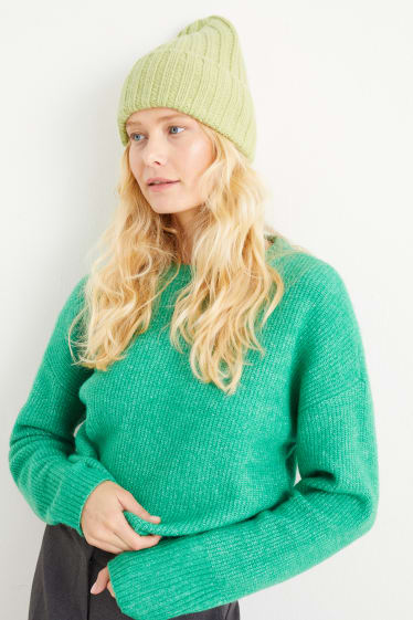 Dames - Gebreide muts - mix van alpacawol - lichtgeel