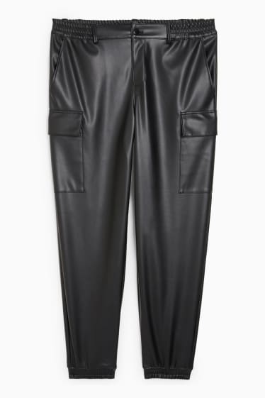 Pánské - Cargo kalhoty - relaxed fit - imitace kůže - černá