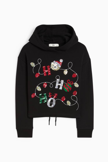 Kinder Mädchen - HoHoHo - Weihnachts-Hoodie - Glanz-Effekt - schwarz