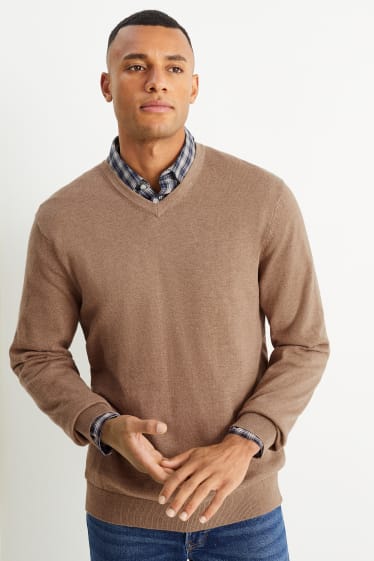 Men - Fine knit jumper and shirt - regular fit - button-down collar - beige