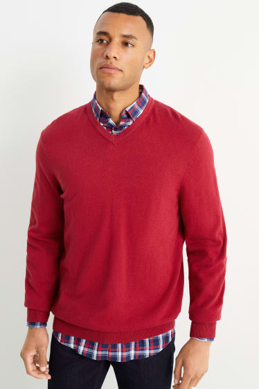 Hommes - Pull en maille fine et chemise - regular fit - col button down - rouge foncé