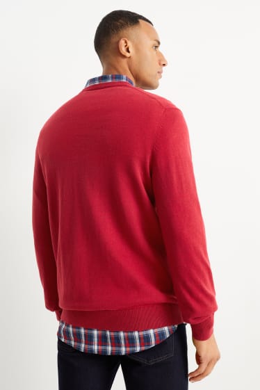 Hommes - Pull en maille fine et chemise - regular fit - col button down - rouge foncé