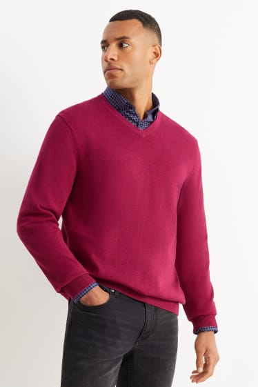 Hommes - Pull en fine maille et chemise - regular fit - col button down - rose foncé