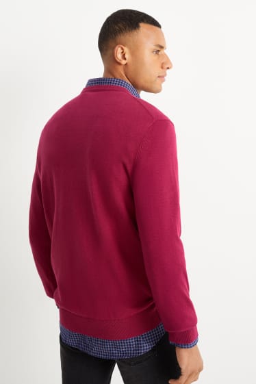 Uomo - Maglione lavorato a maglia fine e camicia - regular fit - colletto button down - rosa scuro