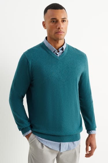 Men - Fine knit jumper and shirt - regular fit - button-down collar - dark green