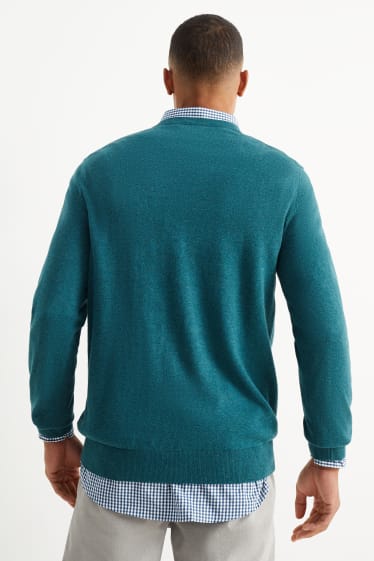 Men - Fine knit jumper and shirt - regular fit - button-down collar - dark green