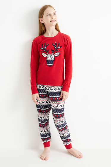 Kinderen: meisjes - Rendier - pyjama voor de kerst - 2-delig - donkerrood