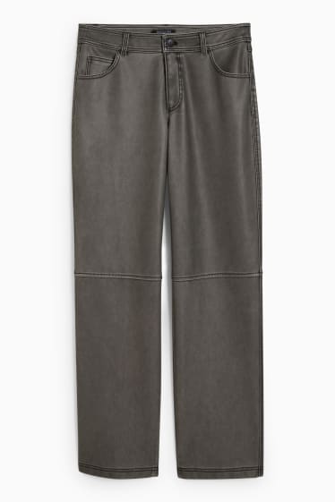 Dona - Pantalons - mid waist - straight fit - pell sintètica - texà gris fosc