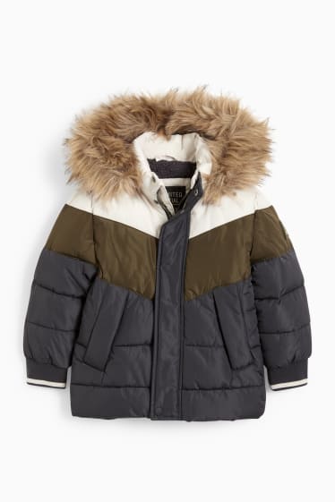 Kinder Buben - Steppjacke mit Kapuze und Kunstfellbesatz - grün