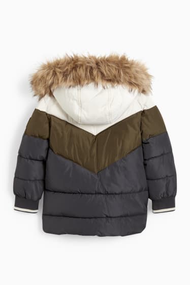Kinder Buben - Steppjacke mit Kapuze und Kunstfellbesatz - grün