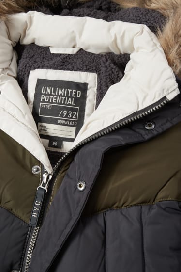 Kinder Buben - Steppjacke mit Kapuze und Kunstfellbesatz - grün
