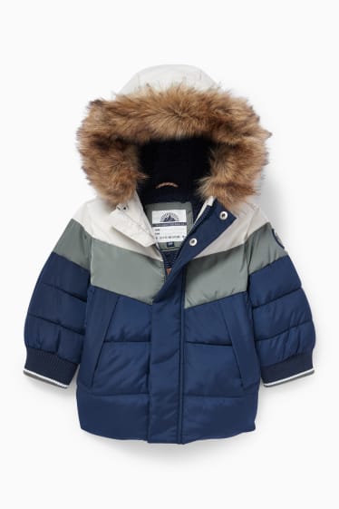 Babies - Baby quilted jacket with hood and faux fur trim - blue / dark green