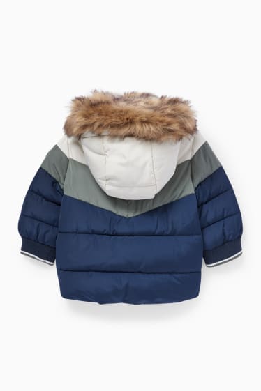 Babies - Baby quilted jacket with hood and faux fur trim - blue / dark green