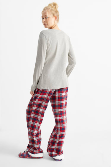 Damen - Weihnachts-Pyjama mit Flanellhose - Eisbär - hellgrau-melange