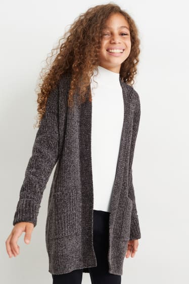 Kinder - Chenille-Strickjacke mit Kapuze - dunkelgrau