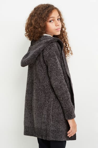 Kinder Mädchen - Chenille-Strickjacke mit Kapuze - dunkelgrau