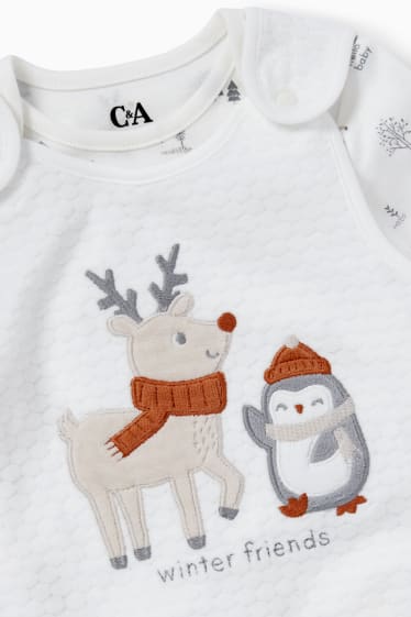 Bebeluși - Rudolf și pinguin - set salopetă cu motive de Crăciun - 2 piese - alb