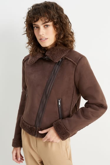 Donna - Giacca stile motociclista di finta lana shearling - similpelle scamosciata - marrone scuro