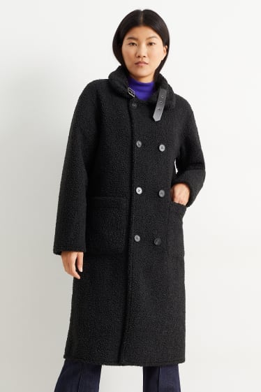 Damen - Wende-Mantel - Lederimitat - schwarz