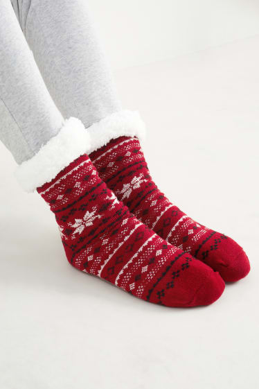 Dámské - Protiskluzové ponožky - se vzorem - tmavočervená