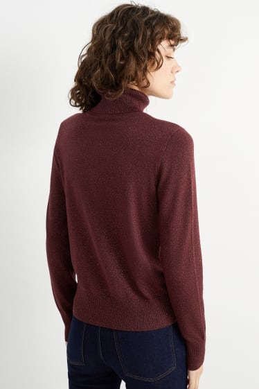 Women - Polo neck jumper - shiny - bordeaux