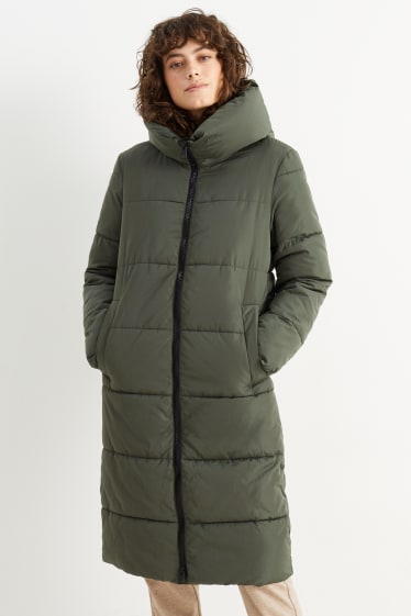 Women - Quilted coat with hood - dark green