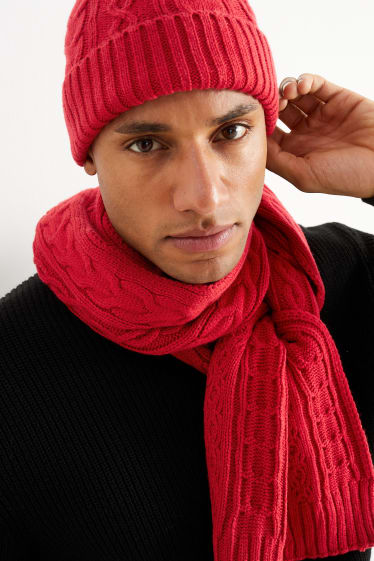 Uomo - Set - berretto in maglia e sciarpa - 2 pezzi - motivo treccia - rosso scuro
