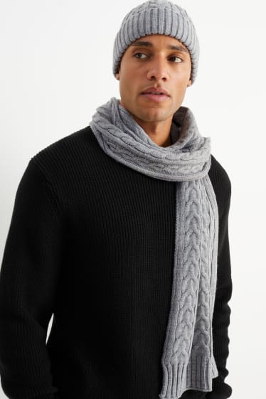 Uomo - Set - berretto in maglia e sciarpa - 2 pezzi - motivo treccia - grigio