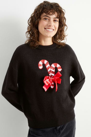 Dames - Trui voor de kerst - zuurstok - glanseffect - zwart