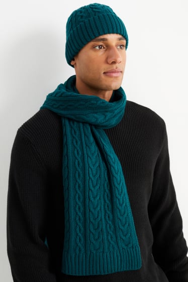 Men - Set - knitted hat and scarf - 2 piece - cable knit pattern - dark green