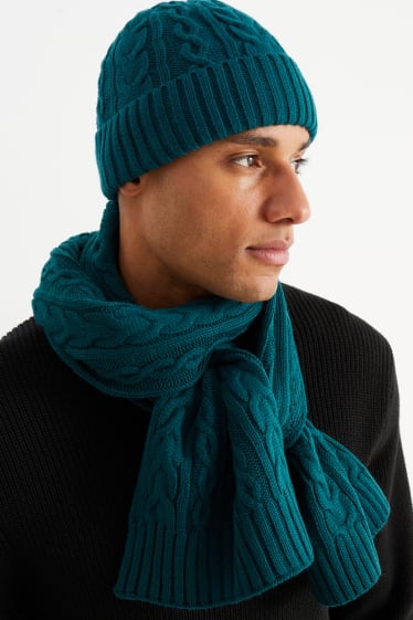 Men - Set - knitted hat and scarf - 2 piece - cable knit pattern - dark green