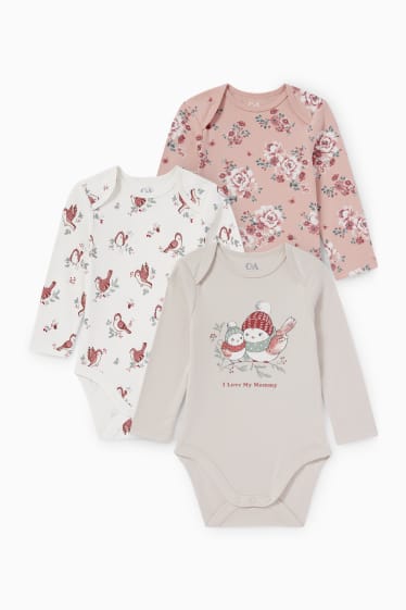 Babys - Multipack 3er - Vögelchen und Blümchen - Baby-Body - cremeweiss