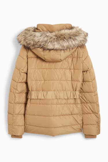 Damen - Steppjacke mit Kapuze und Kunstfellbesatz - hellbraun