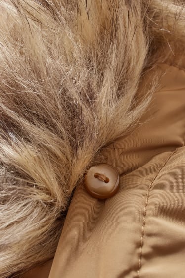 Damen - Steppjacke mit Kapuze und Kunstfellbesatz - hellbraun