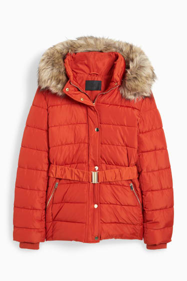 Dámské - Prošívaná bunda s kapucí a límcem z umělé kožešiny - tmavě oranžová