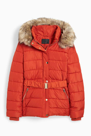 Women - Quilted jacket with hood and faux fur trim - dark orange