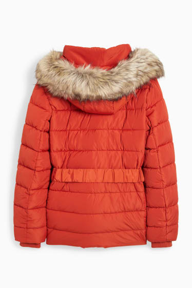 Women - Quilted jacket with hood and faux fur trim - dark orange