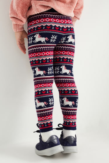 Kinder - Einhorn - Weihnachts-Strick-Leggings - dunkelblau