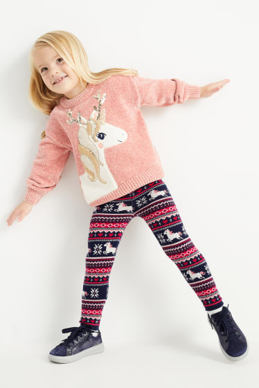 Kinder - Einhorn - Weihnachts-Strick-Leggings - dunkelblau