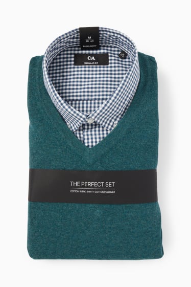 Men - Fine knit jumper and shirt - regular fit - button-down collar - dark green