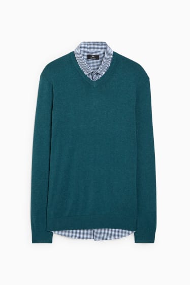 Herren - Feinstrick-Pullover und Hemd - Regular Fit - Button-down - dunkelgrün