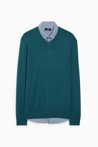 Men - Fine knit jumper and shirt - regular fit - button-down collar - dark green