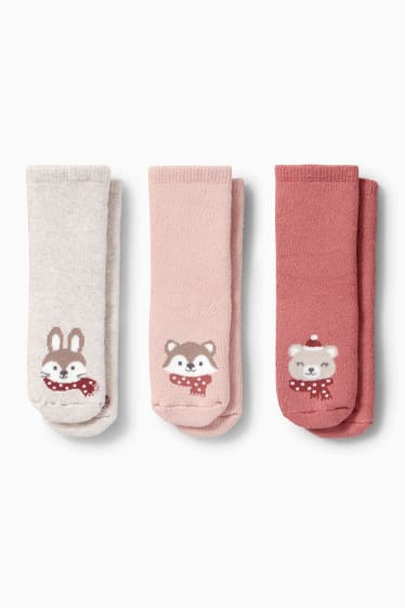 Baby Mädchen - Multipack 3er - Tiere - Baby-Anti-Rutsch-Socken mit Motiv - dunkelrosa