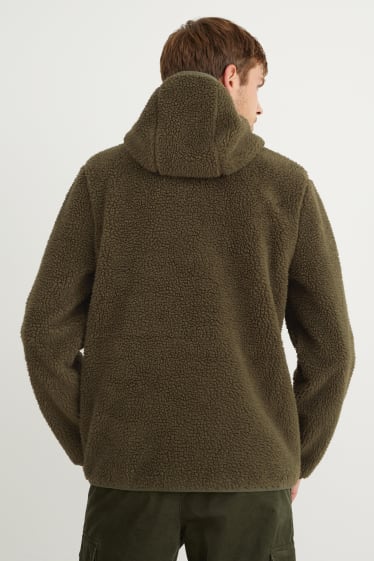 Men - Faux fur jacket with hood - dark green