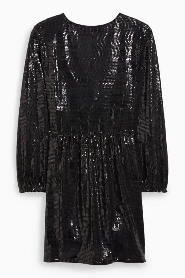 Tieners & jongvolwassenen - CLOCKHOUSE - fit & flare-jurk met geknoopt detail in de stof - glanzend - zwart