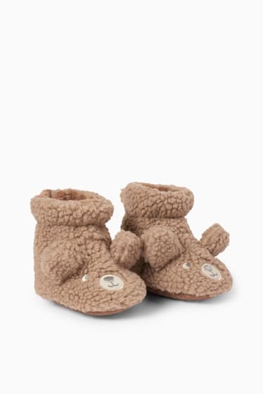 Bebeluși - Ursuleți - pantofi premergători din pluș pentru bebeluși - taupe