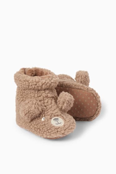Bebeluși - Ursuleți - pantofi premergători din pluș pentru bebeluși - taupe